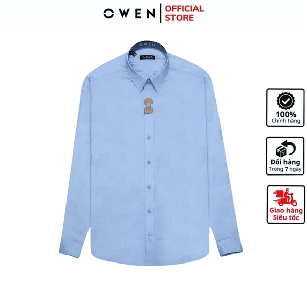 Áo Sơ Mi Nam Tay Dài Owen AR240515D màu xanh dương xược dáng suông tà lượn không túi chất liệu bambo poly
