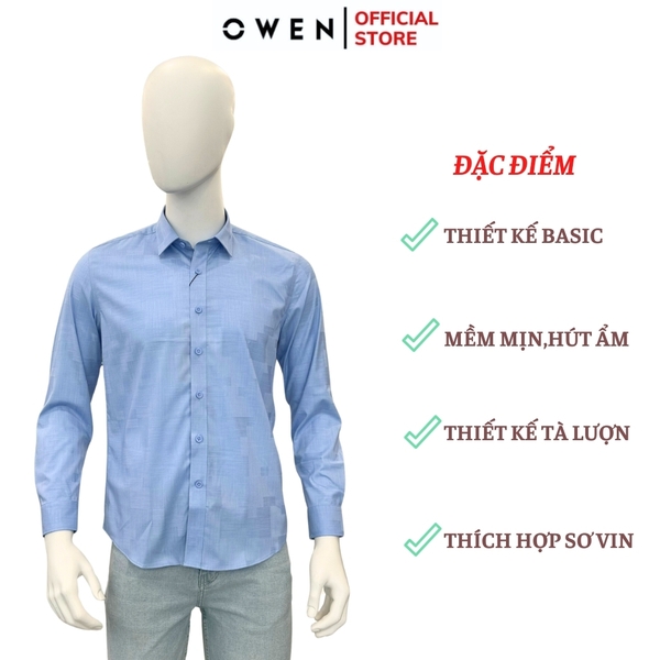 Áo Sơ Mi Nam Tay Dài Owen AR240515D màu xanh dương xược dáng suông tà lượn không túi chất liệu bambo poly
