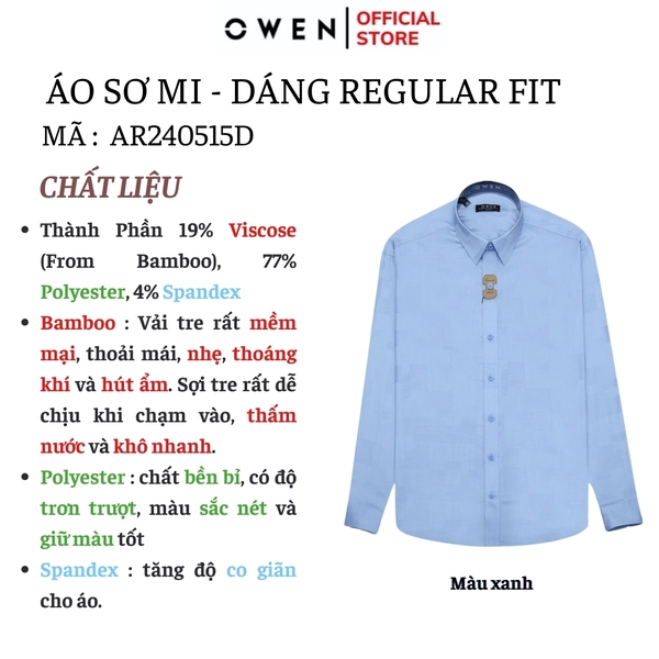 Áo Sơ Mi Nam Tay Dài Owen AR240515D màu xanh dương xược dáng suông tà lượn không túi chất liệu bambo poly