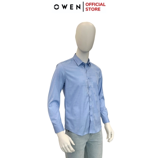Áo Sơ Mi Nam Tay Dài Owen AR240515D màu xanh dương xược dáng suông tà lượn không túi chất liệu bambo poly