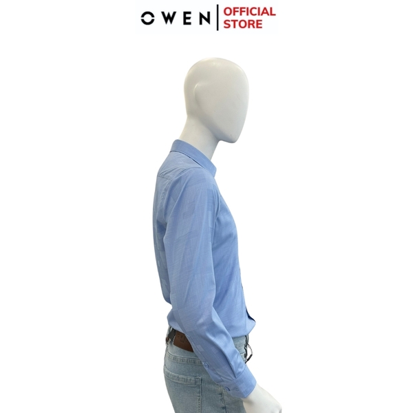 Áo Sơ Mi Nam Tay Dài Owen AR240515D màu xanh dương xược dáng suông tà lượn không túi chất liệu bambo poly
