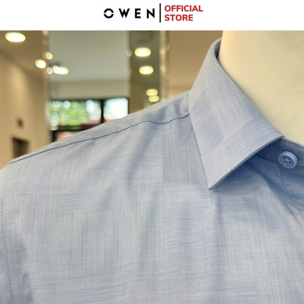 Áo Sơ Mi Nam Tay Dài Owen AR240515D màu xanh dương xược dáng suông tà lượn không túi chất liệu bambo poly