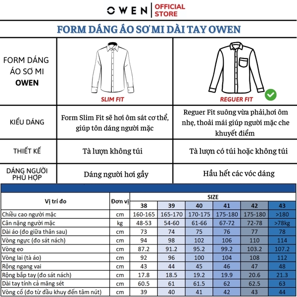 Áo Sơ Mi Nam Tay Dài Owen AR240515D màu xanh dương xược dáng suông tà lượn không túi chất liệu bambo poly