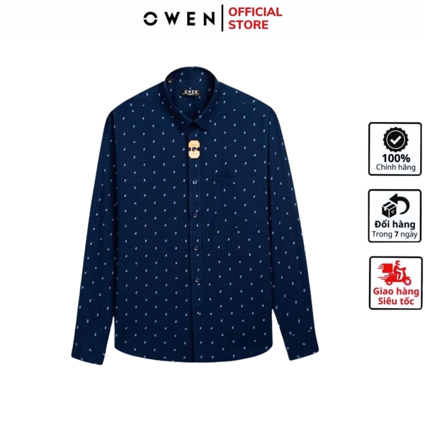 Áo Sơ Mi Nam Tay Dài Owen AR240694DT màu xanh navy in họa tiết dáng suông tà lượn có túi chất liệu bambo poly