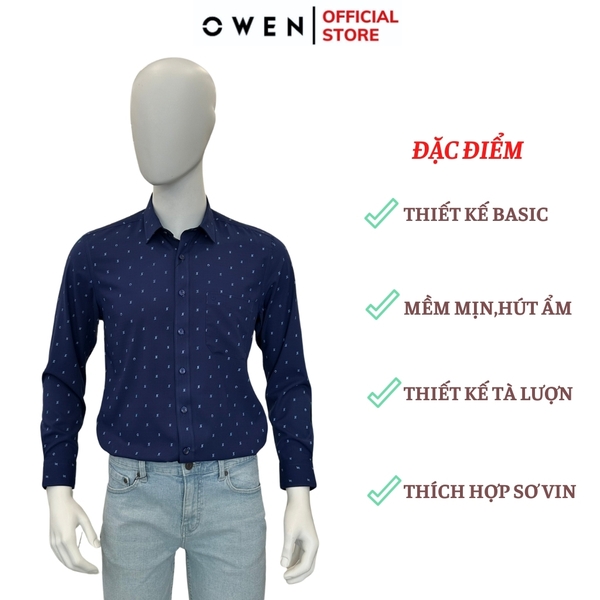 Áo Sơ Mi Nam Tay Dài Owen AR240694DT màu xanh navy in họa tiết dáng suông tà lượn có túi chất liệu bambo poly