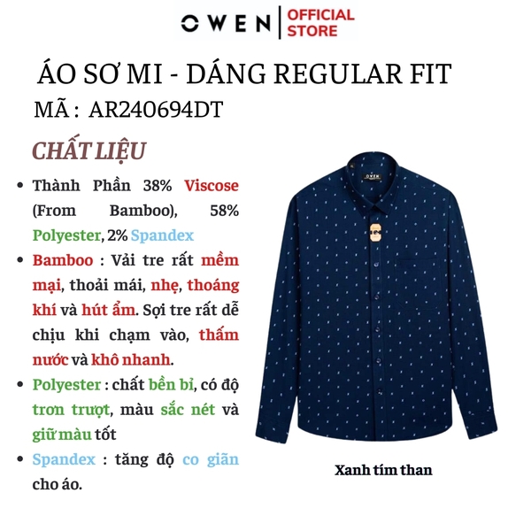 Áo Sơ Mi Nam Tay Dài Owen AR240694DT màu xanh navy in họa tiết dáng suông tà lượn có túi chất liệu bambo poly