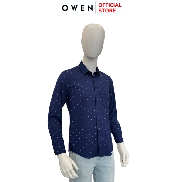 Áo Sơ Mi Nam Tay Dài Owen AR240694DT màu xanh navy in họa tiết dáng suông tà lượn có túi chất liệu bambo poly