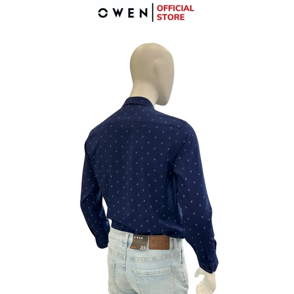 Áo Sơ Mi Nam Tay Dài Owen AR240694DT màu xanh navy in họa tiết dáng suông tà lượn có túi chất liệu bambo poly