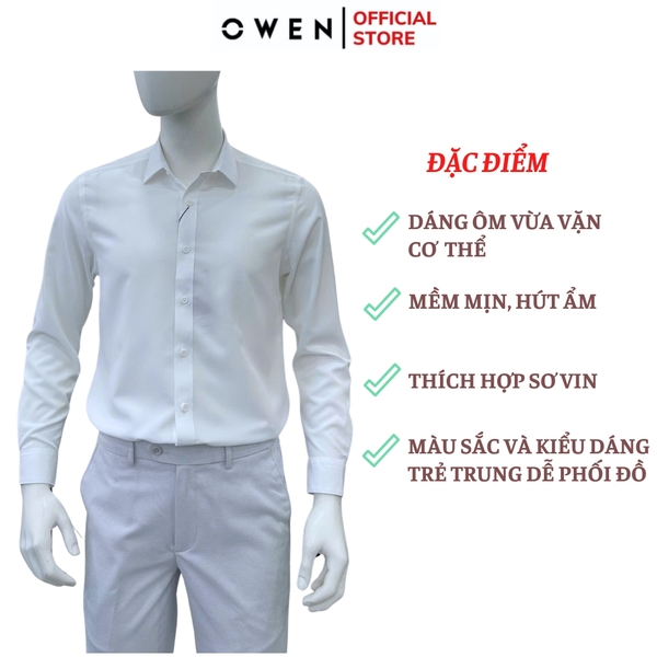 Áo sơ mi trắng nam tay dài Owen AS255210D màu trắng trơn dáng suông regular fit tà lượn có túi chất liệu nano