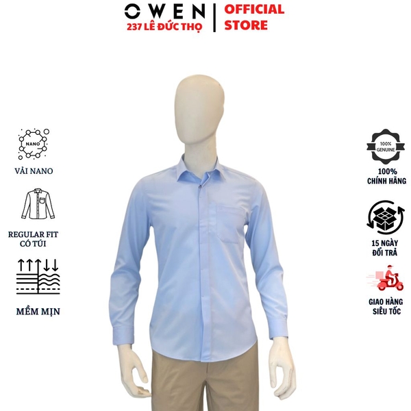 Áo Sơ Mi Nam Tay Dài Owen AR260695DT Xanh Regular Fit Có Túi chất liệu nano