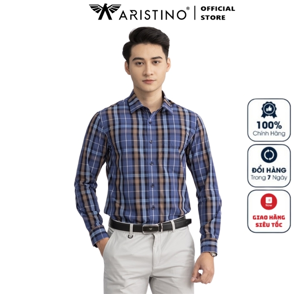 Áo Sơ Mi Nam Dài Tay Aristino ALS15402 màu xanh kẻ nâu