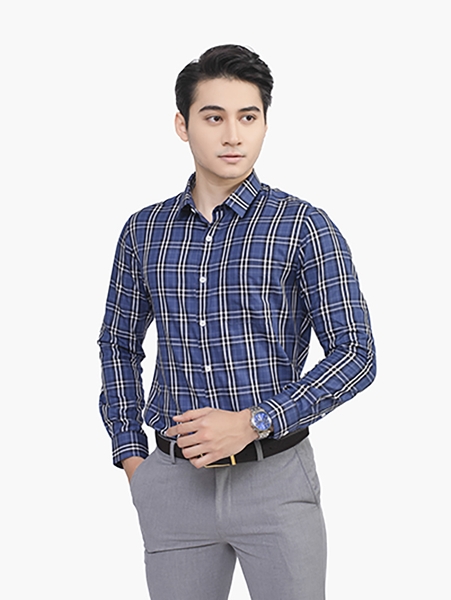 Áo Sơ Mi Nam Dài Tay Aristino ALS27601 Màu Xanh Kẻ Trắng Đen Chất Liệu Sợi Sồi Dáng Regular Fit Có Túi