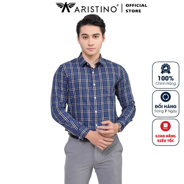Áo Sơ Mi Nam Dài Tay Aristino ALS27601 Màu Xanh Kẻ Trắng Đen Chất Liệu Sợi Sồi Dáng Regular Fit Có Túi
