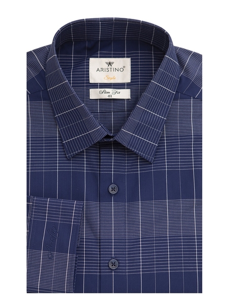 Áo Sơ Mi Nam Tay Dài Aristino ALS28801 Màu Xanh Tím Than Kẻ Trắng Dáng SLim Fit Không Túi Vải Sợi Tre