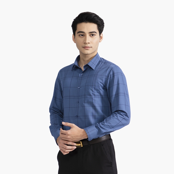 Áo Sơ Mi Nam Dài Tay Aristino ALS34002 Màu xanh kẻ đen dáng suông tà lượn có túi chât vải sợi sồi