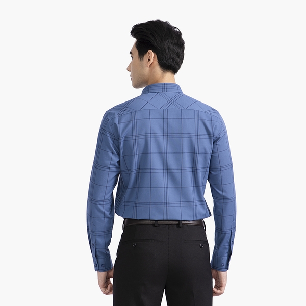 Áo Sơ Mi Nam Dài Tay Aristino ALS34002 Màu xanh kẻ đen dáng suông tà lượn có túi chât vải sợi sồi