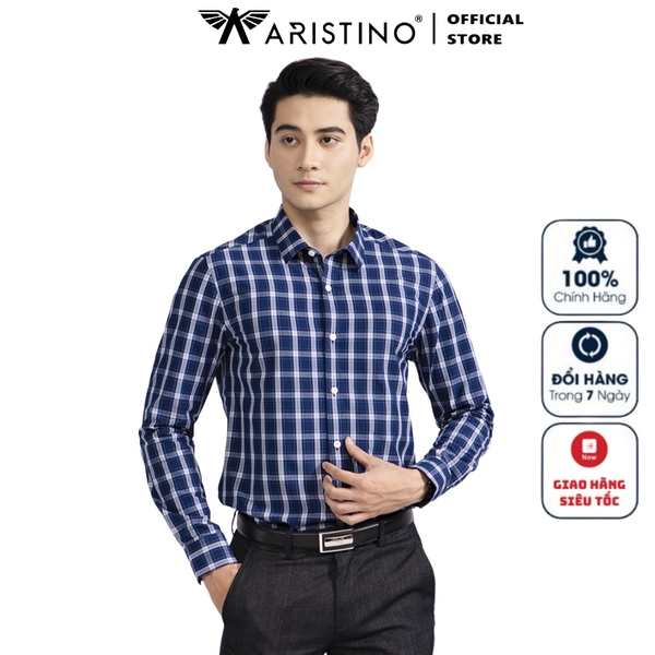 Áo Sơ Mi Nam Dài Tay Aristino ALS34102  màu xanh kẻ trắng dáng ôm tà lượn không túi chât vải sợi tre