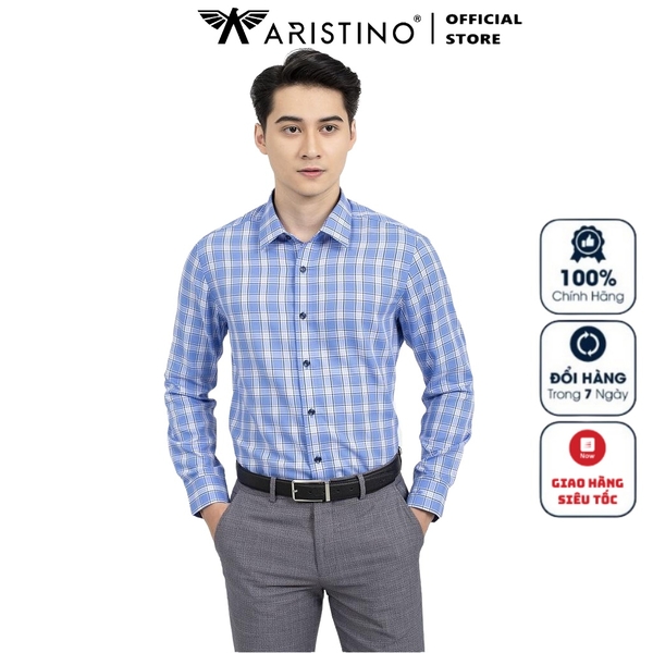 Áo Sơ Mi Nam Dài Tay Aristino ALS34501 Màu Trắng kẻ xanh dáng Slim Fit Không Túi Chất Liệu Sợi Tre