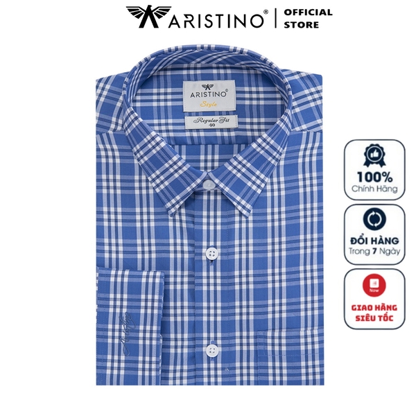 Áo Sơ Mi Nam Dài Tay Aristino ALS35602 Màu Trắng Kẻ Xanh Vải Sợi Tre Cao Cấp Dáng Suông Tà Lượn Có Túi