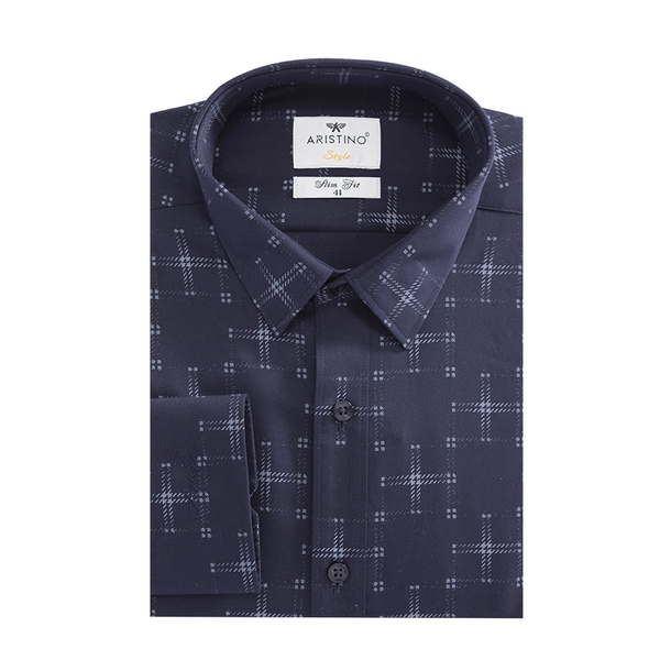 Áo Sơ Mi Nam Dài Tay Aristino ALS39502 Dáng Slim Fit Không Túi Màu Xanh Tím Than In Vải Sợi Sồi