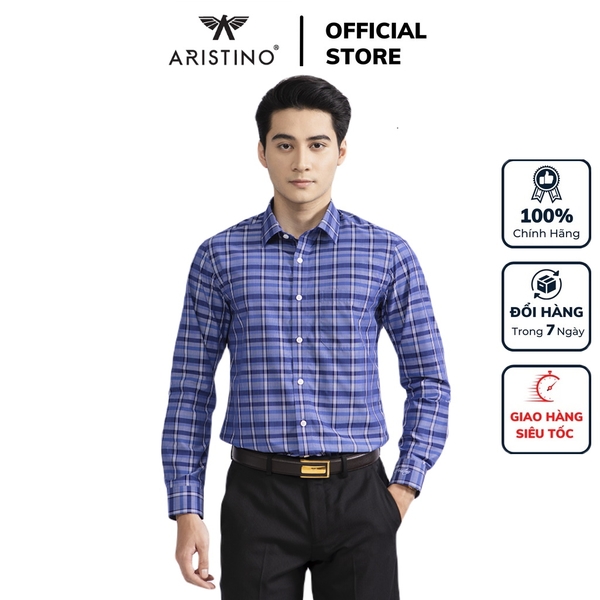 Áo Sơ Mi Nam Dài Tay Aristino ALS40902 Dáng Regular Fit Suông Vừa Màu Xanh Kẻ Dệt Vải Sợi Sồi