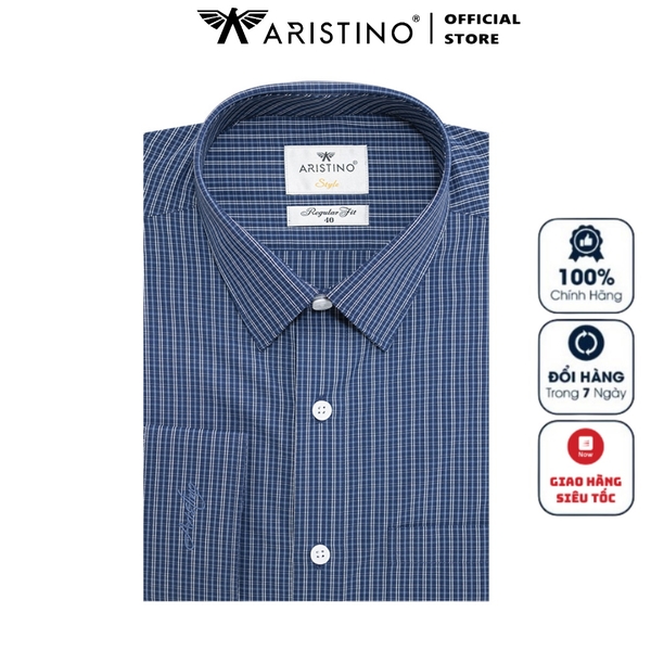 Áo Sơ Mi Nam Dài Tay Aristino ALS41302  màu xanh tím than kẻ trắng dáng suông tà lượn có túi chất vải sợi sồi
