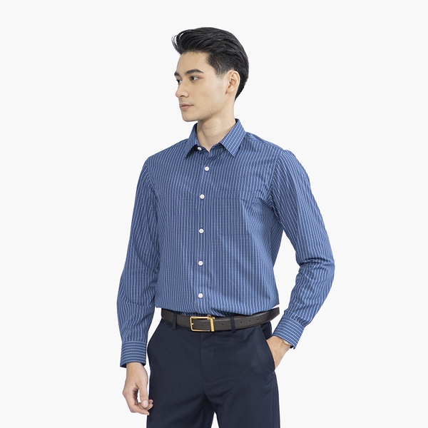 Áo Sơ Mi Nam Dài Tay Aristino ALS41302  màu xanh tím than kẻ trắng dáng suông tà lượn có túi chất vải sợi sồi