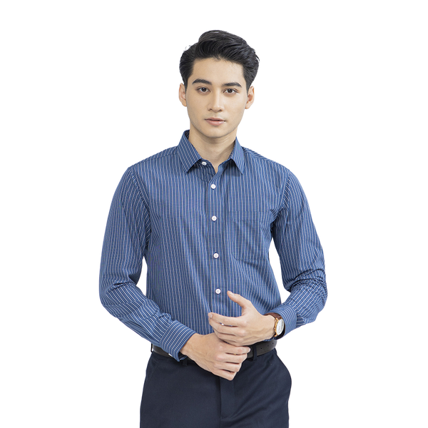 Áo Sơ Mi Nam Dài Tay Aristino ALS41302  màu xanh tím than kẻ trắng dáng suông tà lượn có túi chất vải sợi sồi