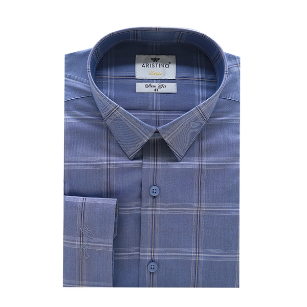 Áo Sơ Mi Nam Dài Tay Aristino ALS43102 màu xanh kẻ dệt dáng slim fit tà lượn không túi vải sợi tre cao cấp