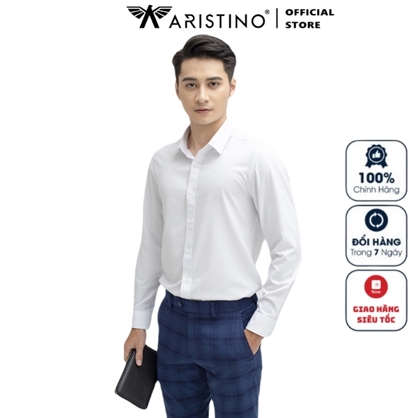 Áo Sơ Mi Trắng Dài Tay Nam Aristino ALSR18 (ALS5000Z - ALS0080S1) Màu Trắng Trơn Vải Micro Polyester Dáng Slim Fit Tà Lượn Không Túi Ngực