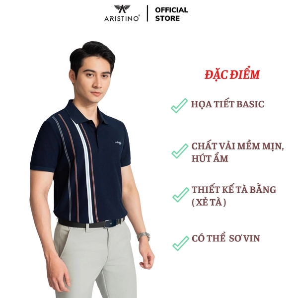 Áo Thun Polo Nam Cổ Bẻ Aristino APS044AZ Màu Xanh tím than 25 kẻ Jacquard