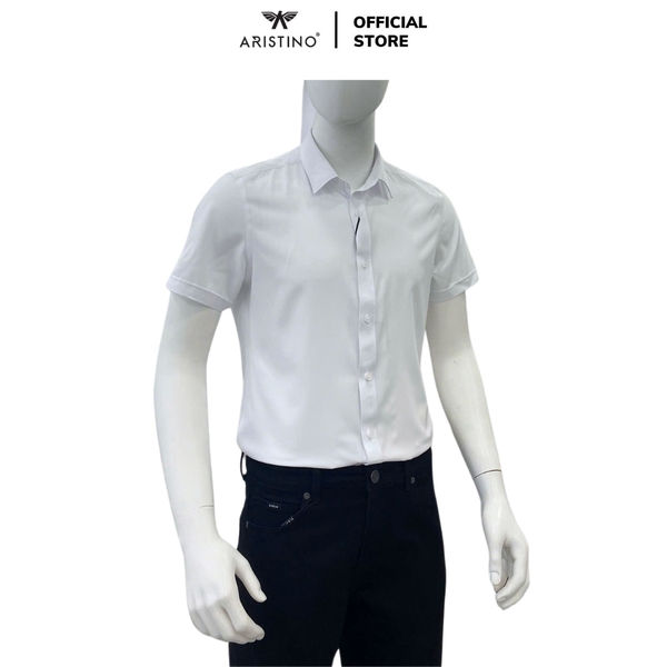 Áo sơ mi trắng ngắn tay Aristino ASS006AS1 chất liệu micro polyester dáng slim fit không túi màu trắng trơn