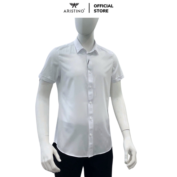 Áo sơ mi trắng ngắn tay Aristino ASS006AS1 chất liệu micro polyester dáng slim fit không túi màu trắng trơn