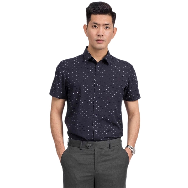 Áo Sơ Mi Nam Tay Ngắn Aristino ASS035S9 Màu Xanh Tím Than In Lá Dáng Slim Fit Vải Sợi Tre