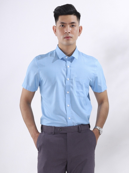 Áo Sơ Mi Nam Tay Ngắn Aristino ASS038S8 Màu Xanh Dệt Vuông Nhỏ Dáng Regular Fit Tà Bằng Vải Sợi Sồi