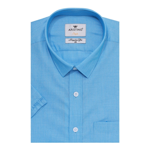 Áo Sơ Mi Nam Tay Ngắn Aristino ASS038S8 Màu Xanh Dệt Vuông Nhỏ Dáng Regular Fit Tà Bằng Vải Sợi Sồi