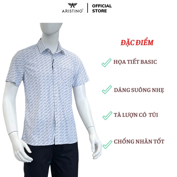 Áo Sơ Mi Nam Ngắn Tay Aristino ASS044AS2 màu trắng in