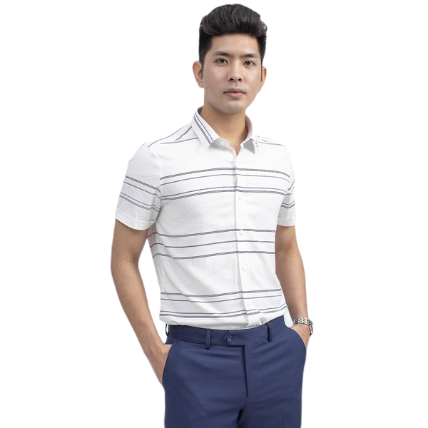Áo Sơ Mi Nam Tay Ngắn Aristino ASS051S9 Màu Trắng Kẻ Ngang Xanh Đậm Dáng Slim Fit Tà Lượn Vải Sợi Sồi