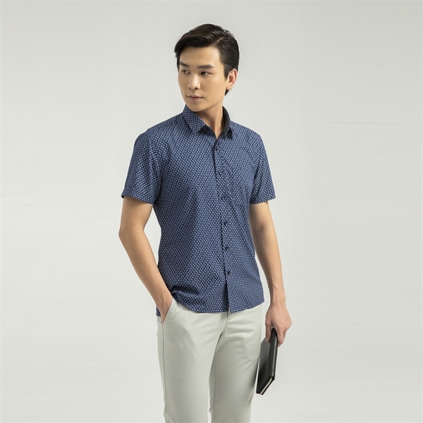 Áo Sơ Mi Nam Ngắn Tay Aristino ASS055S1 màu xanh tím than in họa tiết trắng