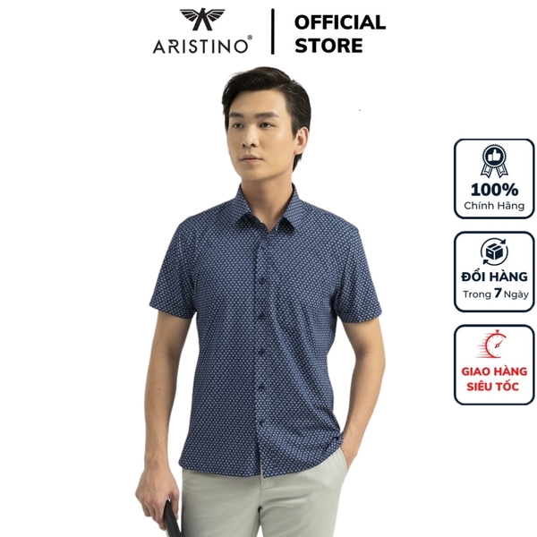 Áo Sơ Mi Nam Ngắn Tay Aristino ASS055S1 màu xanh tím than in họa tiết trắng