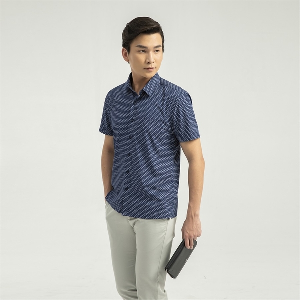 Áo Sơ Mi Nam Ngắn Tay Aristino ASS055S1 màu xanh tím than in họa tiết trắng