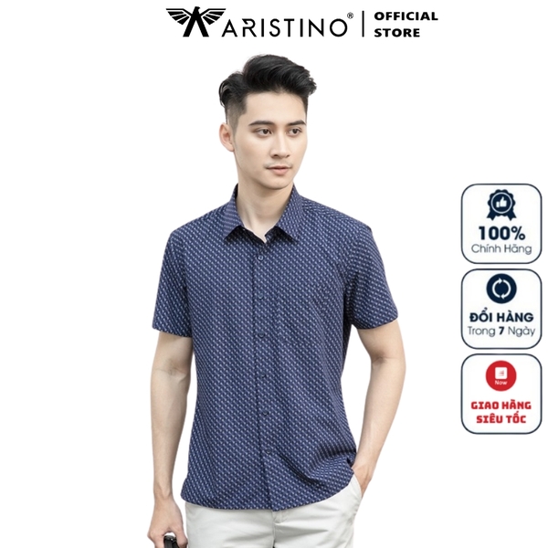 Áo Sơ Mi Nam Ngắn Tay Aristino ASS071S1 màu xanh tím than in họa tiết