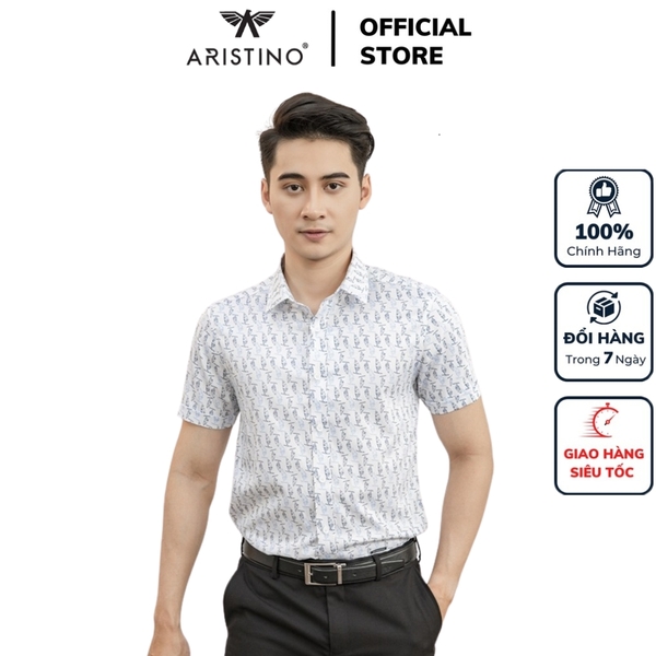 Áo Sơ Mi Nam Ngắn Tay Aristino ASS088S1 màu trắng in họa tiết xanh