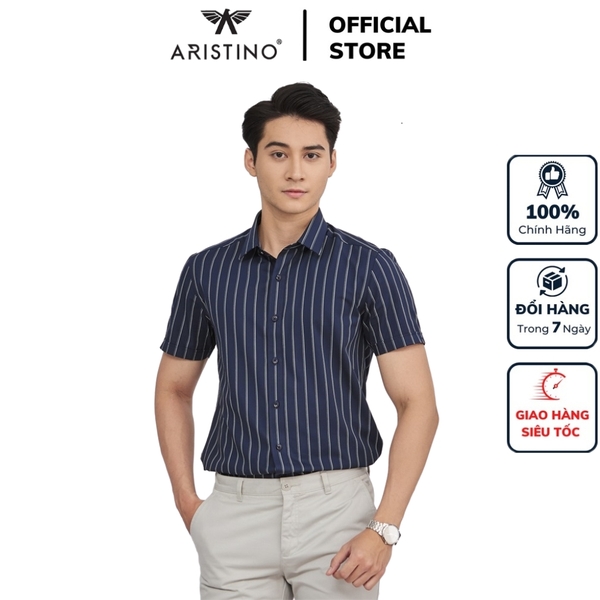 Áo Sơ Mi Nam Ngắn Tay Aristino ASS122S2 màu xanh tím than kẻ sọc