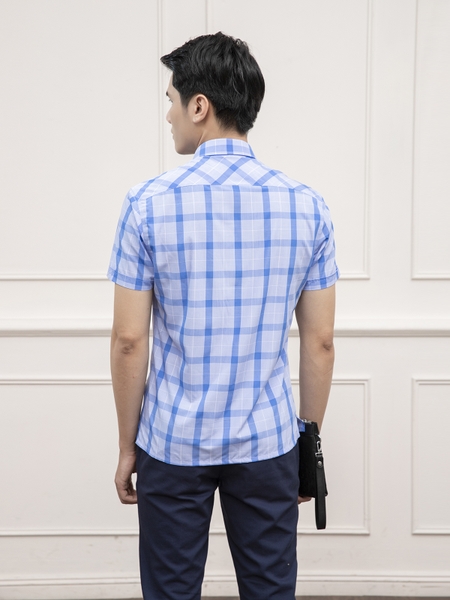 Áo Sơ Mi Nam Ngắn Tay Aristino ASS176S1 Màu Xanh Kẻ Dáng Perfect Fit Tà Bằng Có Túi Chất Liệu Sợi Tre
