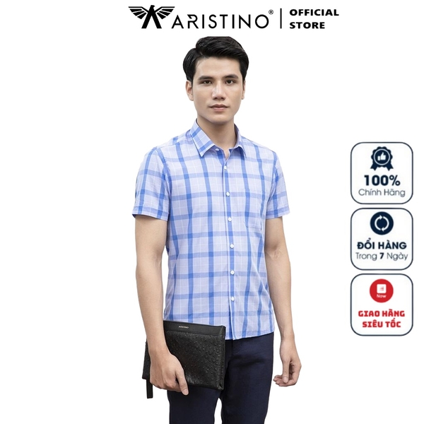 Áo Sơ Mi Nam Ngắn Tay Aristino ASS176S1 Màu Xanh Kẻ Dáng Perfect Fit Tà Bằng Có Túi Chất Liệu Sợi Tre