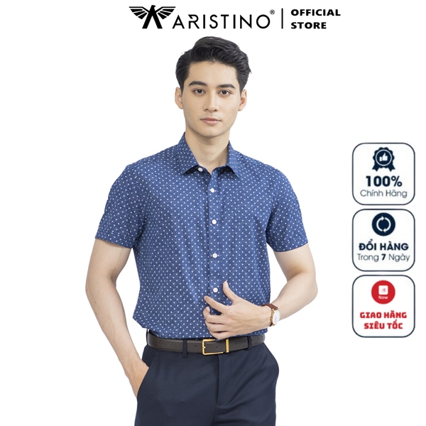 Áo Sơ Mi Nam Ngắn Tay Aristino ASS216S2 Màu Xanh Tím Than In Vải Sợi Tre Dáng Slim Fit Tà Lượn Không Túi