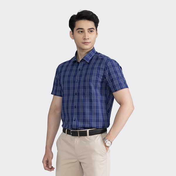 Áo Sơ Mi Nam Ngắn Tay Aristino ASS320S2 Dáng Regular Fit Có Túi Màu Xanh Kẻ Trắng Vải Sợi Sồi