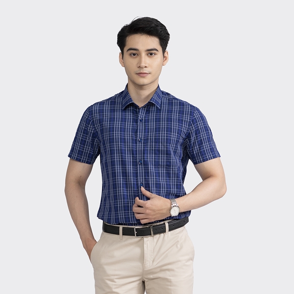 Áo Sơ Mi Nam Ngắn Tay Aristino ASS320S2 Dáng Regular Fit Có Túi Màu Xanh Kẻ Trắng Vải Sợi Sồi