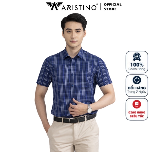 Áo Sơ Mi Nam Ngắn Tay Aristino ASS320S2 Dáng Regular Fit Có Túi Màu Xanh Kẻ Trắng Vải Sợi Sồi